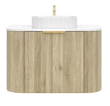 Timber Fluted Curved Classic Oak Artis 900mm Waterproof Wall Hung Vanity Carrara Stone top