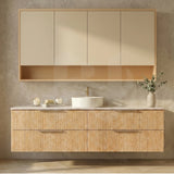 Timber Fluted Eden 1500mm Single Bowl Vanity Classic Oak Wall Hung Carrara Stone Top
