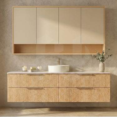 Timber Fluted Eden 1500mm Single Bowl Vanity Classic Oak Wall Hung Carrara Stone Top Optional