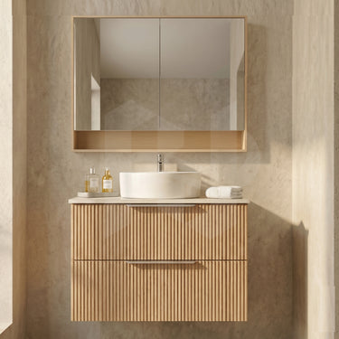 Timber Fluted Eden 900x360mm Ensuite Slimline Drawer Vanity Classic Oak Wall Hung Stone Top
