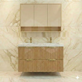 Timber fluted prime oak 1200mm double bowl wall hung vanity with sintered stone top