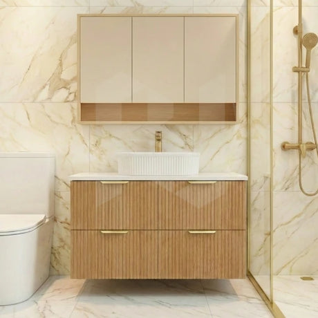 Timber fluted prime oak 1200mm single bowl wall hung vanity with large stone benchtop