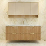 Timber Eden fluted prime oak 1500mm single bowl wall hung vanity with 4 drawers with Carrara Sintered Stone Top