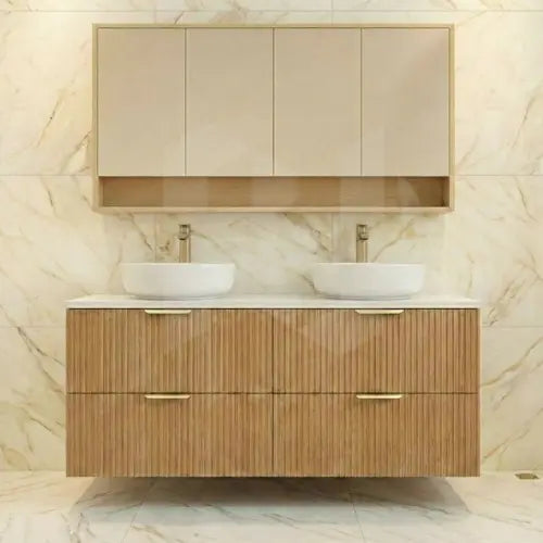 Timber Fluted Eden 1500mm Double Bowl Vanity Prime Oak Wall Hung Solid Surface Stone Top