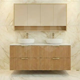 Timber Fluted Eden 1500mm Double Bowl Vanity Prime Oak Wall Hung Solid Surface Stone Top