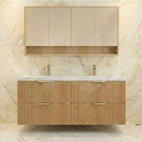 Timber Eden fluted prime oak 1500mm double bowl wall hung vanity with 4 drawers with Sintered stone top 50mm