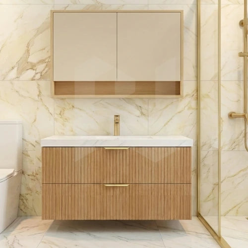 Timber fluted prime oak 900mm wall hung vanity 2-drawer with sintered stone top