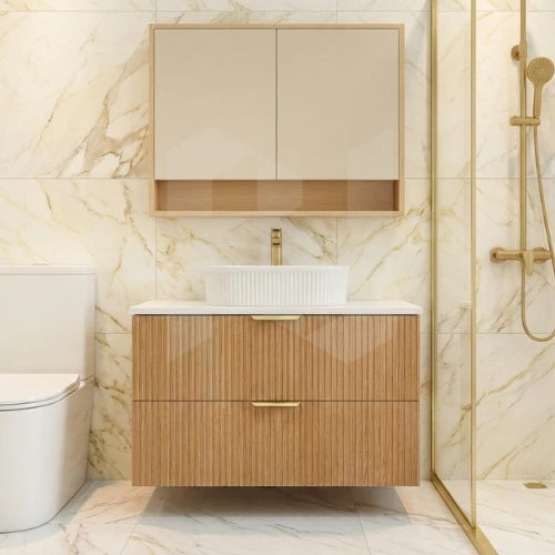 Timber fluted prime oak 900mm wall hung vanity 2-drawer with Stone Top