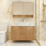 Timber fluted prime oak 900mm wall hung vanity 2-drawer with Stone Top