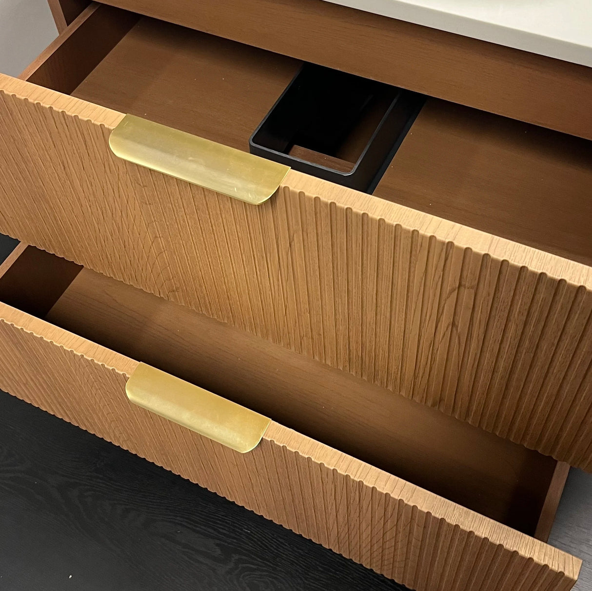 Timber fluted prime oak 750mm wall hung vanity inside view of 2-drawers