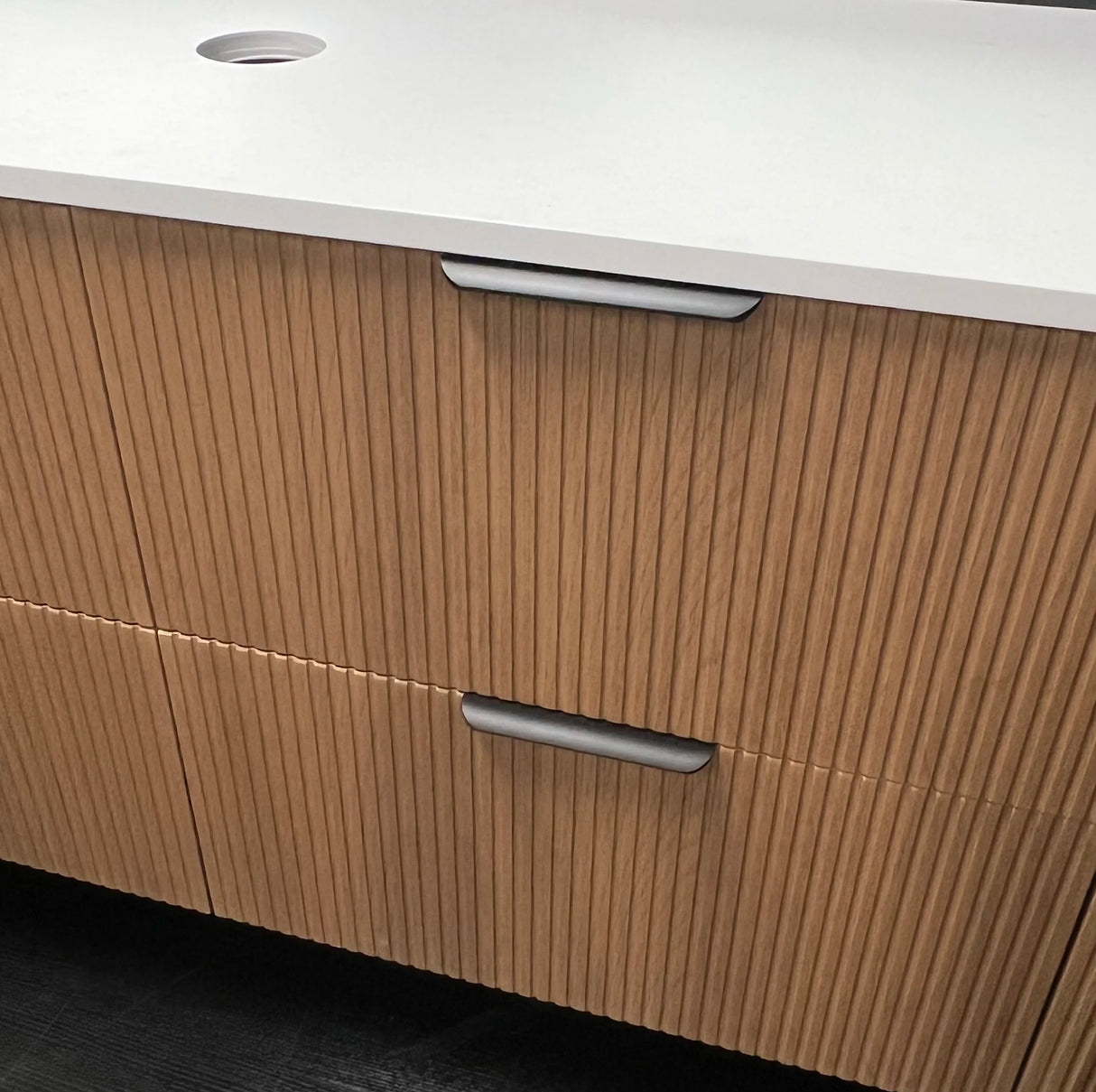 Timber fluted prime oak wall hung vanity 2-drawer close view of colour and fluted