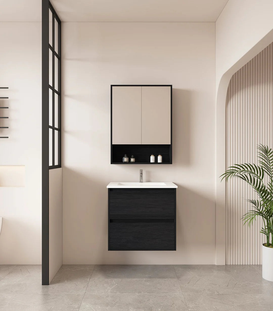 Hera Timber look Black Oak 600mm Wall Hung Vanity Carrara Top
