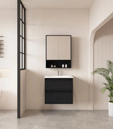 Hera Timber look Black Oak 600mm Wall Hung Vanity Carrara Top