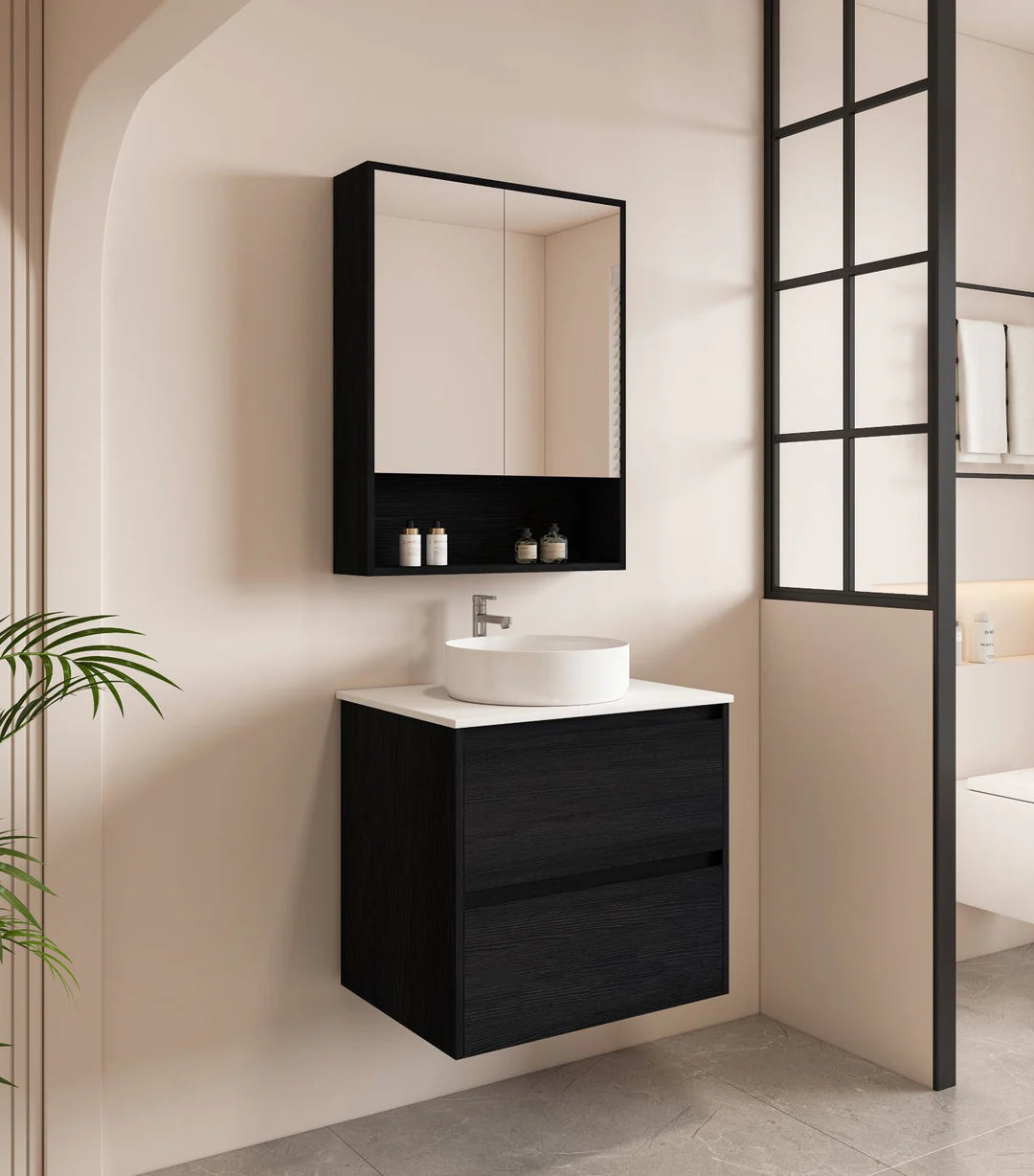 Hera Timber look Black Oak 600mm Wall Hung Vanity Carrara Top