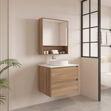 Hera Timber look Elegant Oak 600mm Wall Hung Vanity Carrara Stone Top Optional