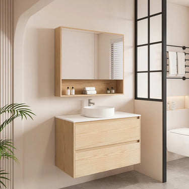 Hera Timber look Tas Oak 900mm Wall Hung Vanity Alpine Mist Stone Top