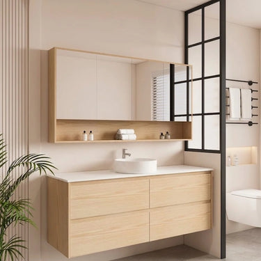 Hera Timber look Tas Oak 1500mm Wall Hung Single Bowl Vanity Stone Top