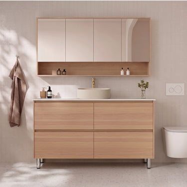 #Hera Elegant Oak 1500mm freestanding single bowl vanity with above counter basin on adjustable legs - RJ Bathroom