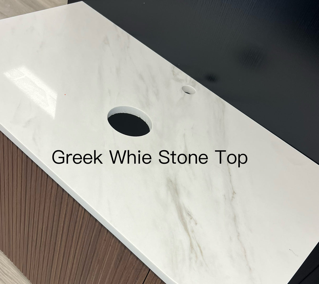 Timber Classic Oak Artis 1200mm Fluted Curved Waterproof Double Bowl Wall Hung Vanity Imperial Statuario Stone top