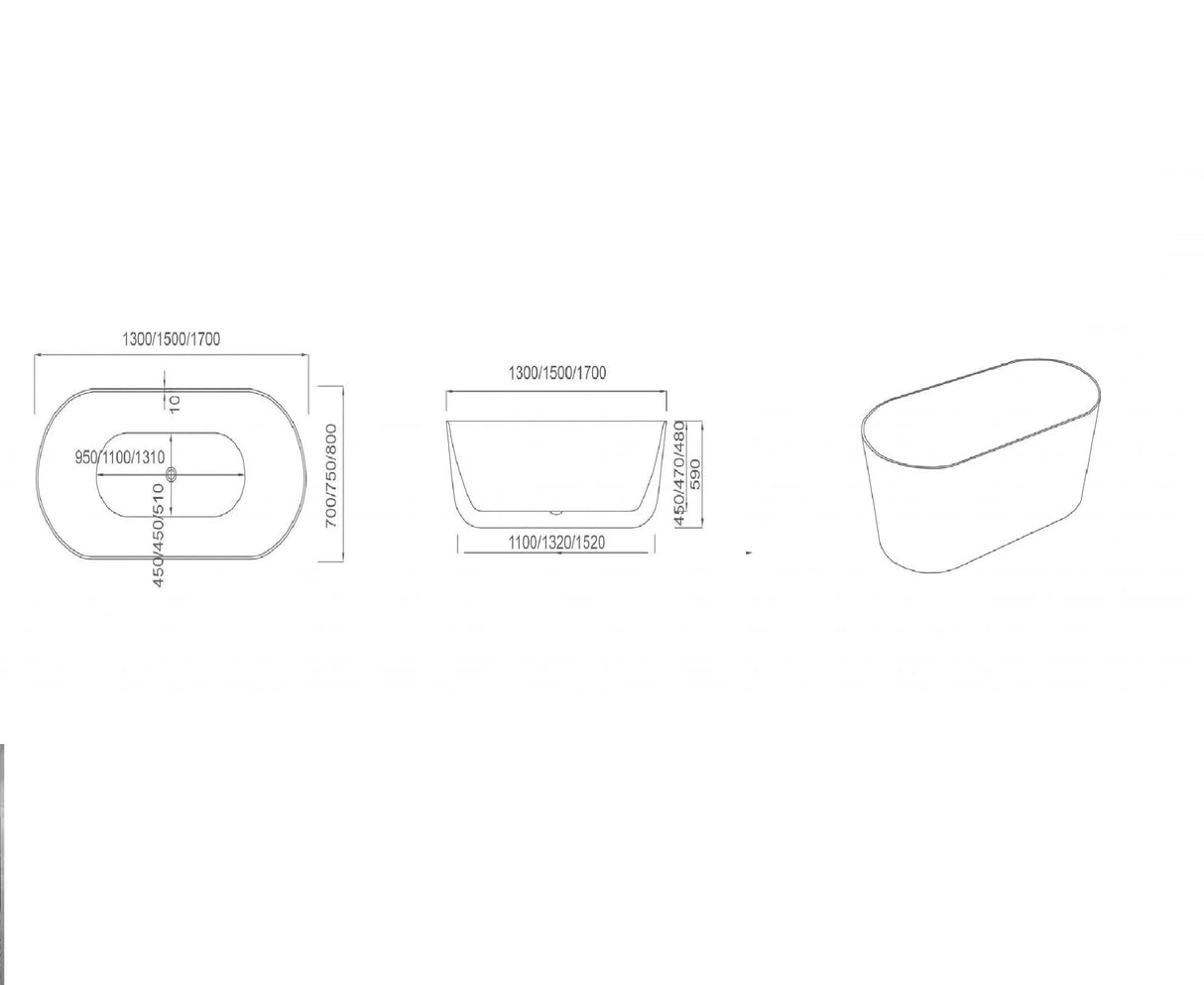 Iseo Ultra Slim Oval/Pill Freestanding Bathtub - 1300/1400/1500/1600/1700mm