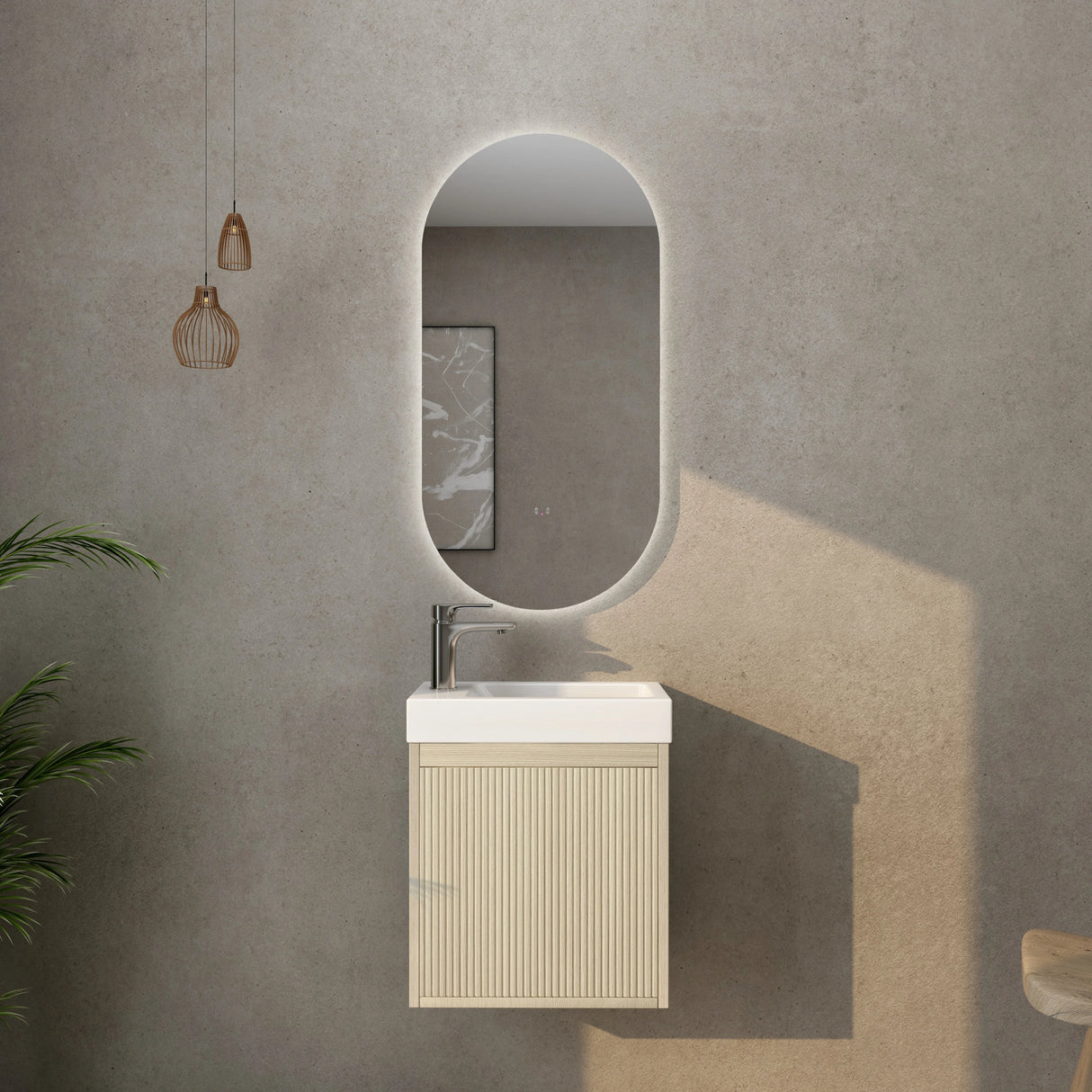 Timber Fluted Coastal Oak Ensuite Narrow Bellevue Wall Hung Vanity 450mm