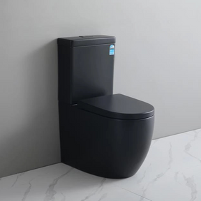 Black toilet against a gray wall in a bathroom setting