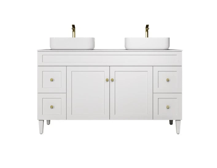 Harrington Hampton Shaker 1500mm Matte White Double Bowl PVC Waterproof Freestanding Vanity Carrara Stone Top