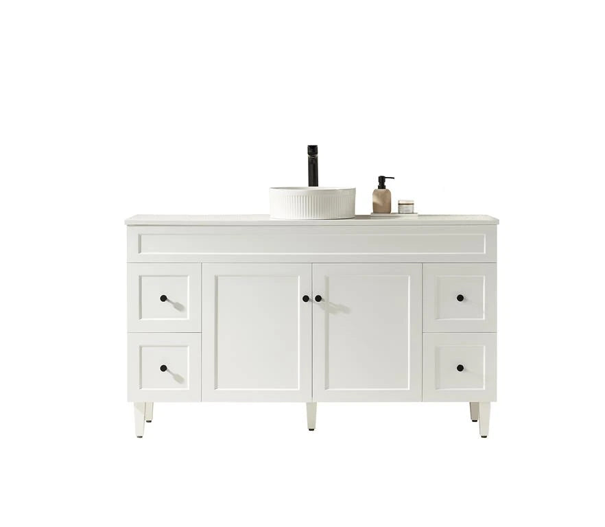 Harrington Hampton Shaker 1500mm Matte White PVC Waterproof Freestanding Vanity Carrara Stone Top