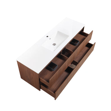 Timber Look Walnut Mocha Oak Gladstone 1500mm Wall Hung Plywood Two Drawers Single Bowl Vanity 40mm Carrara Sintered Stone Top