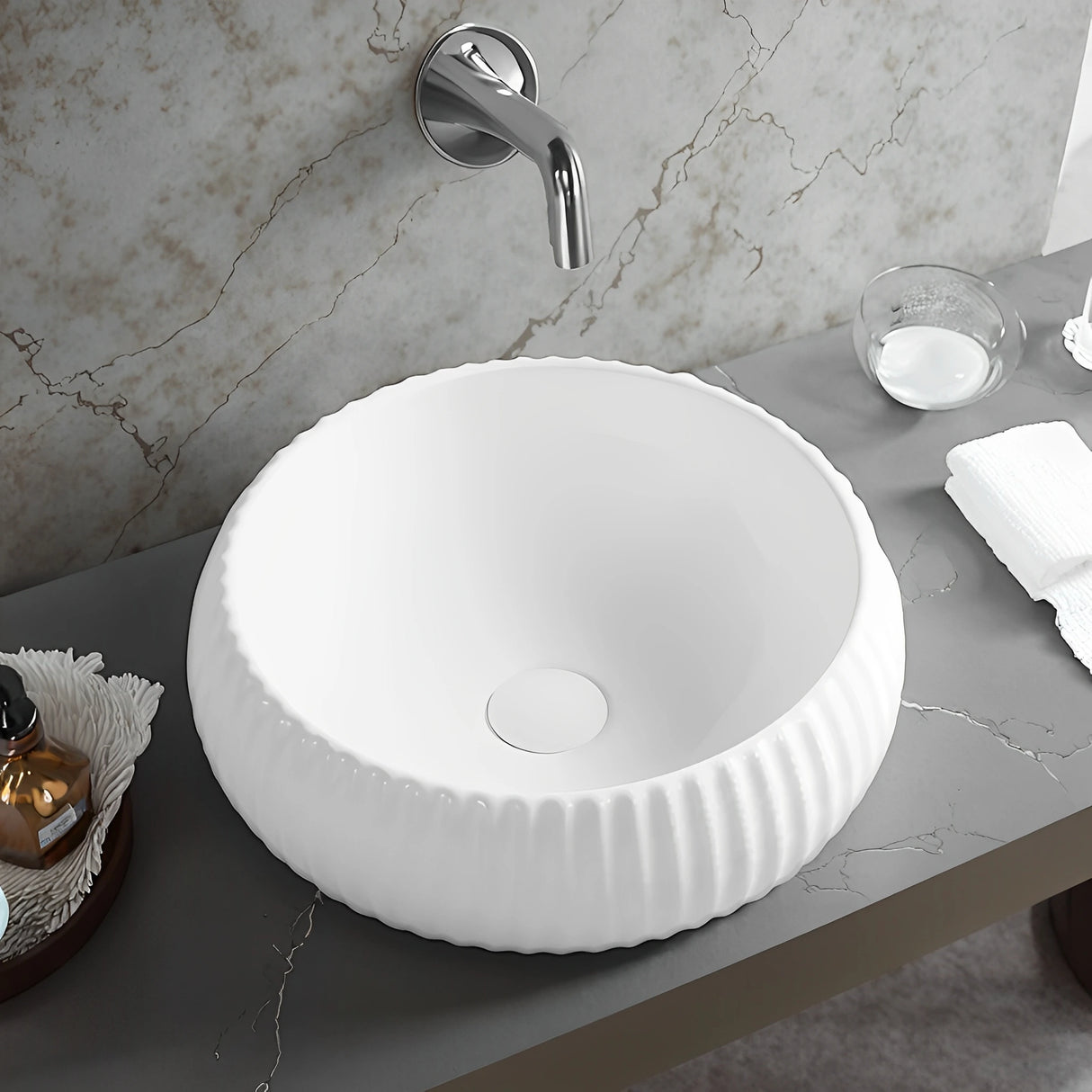 Oran Fluted Fine Ceramic 400x400mm Above Counter Matte White Basin