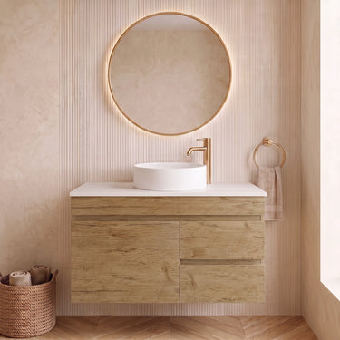 Timber Look Camden 900x360mm Ensuite Slimline Vanity Prime Oak Wall Hung Stone Top Optional