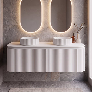 Fluted Curved Wall Hung Drawer Vanity Estella 1200mm Double Bowl Matte White - PVC Cabinet with Side Drawers