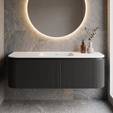 Fluted Curved Wall Hung Drawer Vanity Estella 1500mm Single Bowl Matte Black - PVC Cabinet with Side Drawers