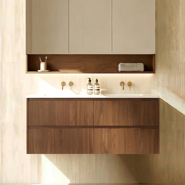 Timber Look Walnut Mocha Oak Gladstone 1200mm Wall Hung Plywood Two Drawers Double Bowl Vanity Calacatta Stone Top