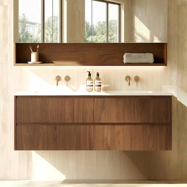 Gladstone 1500mm wall hung plywood vanity in Walnut Mocha Oak Woodmatt, finger pull front