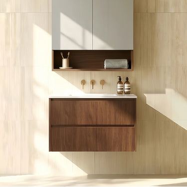Timber Look Walnut Mocka Oak Gladstone 600mm Wall Hung Plywood Two Drawers Vanity Carrara Stone Top