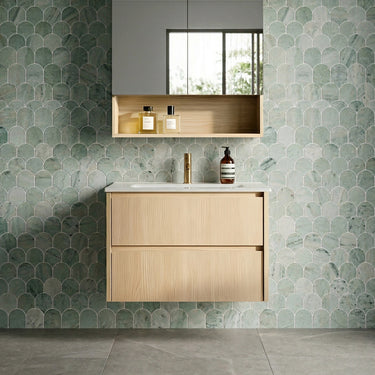 Gladstone 600/750mm wall hung plywood vanity in Sandy Oak Woodmatt, finger pull front
