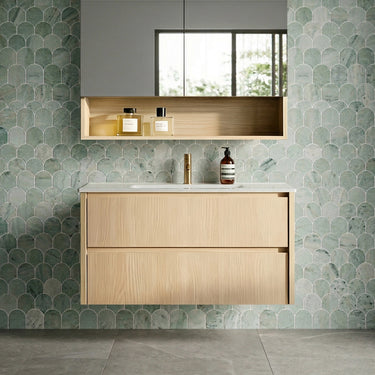 Gladstone 900mm wall hung plywood vanity in Sandy Oak Woodmatt, finger pull front