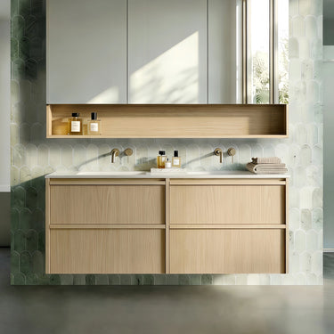 Ridgewood Timber Look Sandy Oak Woodmatt 1200mm Wall Hung Plywood Two Drawers Double Bowl Vanity Carrara Stone Top