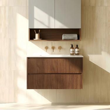 Timber Look Walnut Mocha Oak Gladstone 750mm Wall Hung Plywood Two Drawers Vanity Calacatte Solid Surface Stone Top
