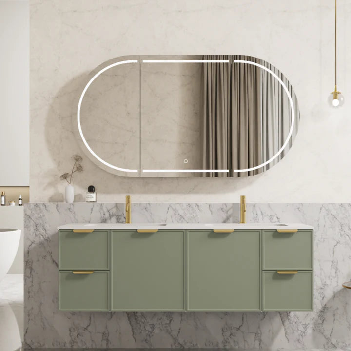 Miami Hampton Shaker 1500mm Double Bowl Olive Green PVC Waterproof Wall Hung Vanity Carrara Sintered Stone Top