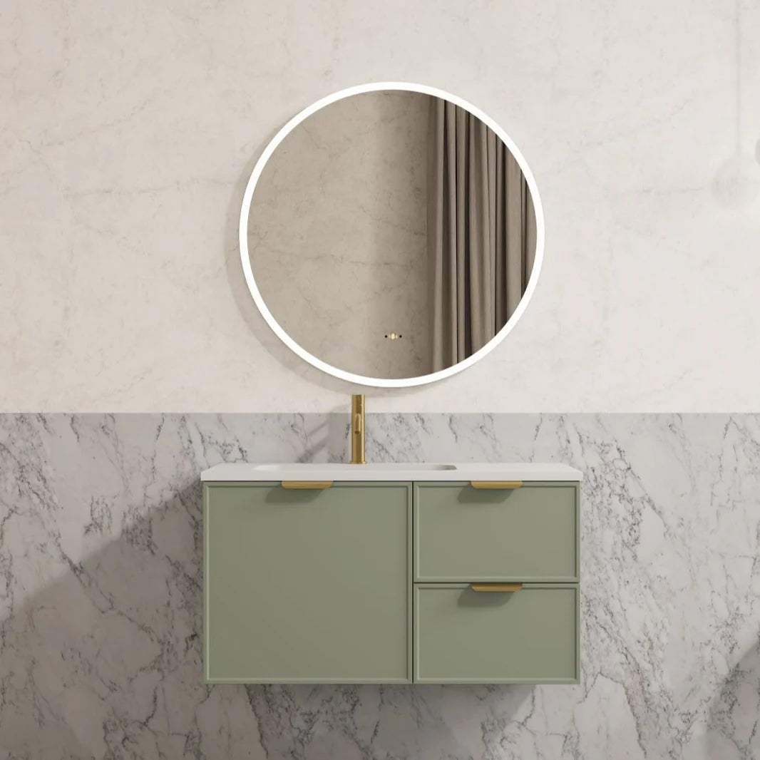 Miami Hampton Shaker 900mm Olive Green PVC Waterproof Wall Hung Vanity Bianco Twirl Stone top