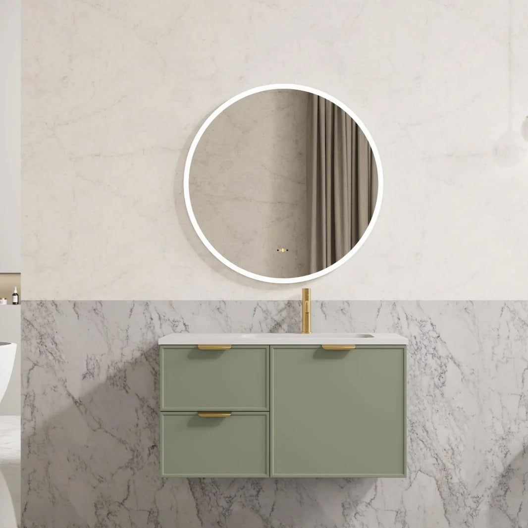 Miami Hampton Shaker 900mm Olive Green PVC Waterproof Wall Hung Vanity Bianco Twirl Stone top