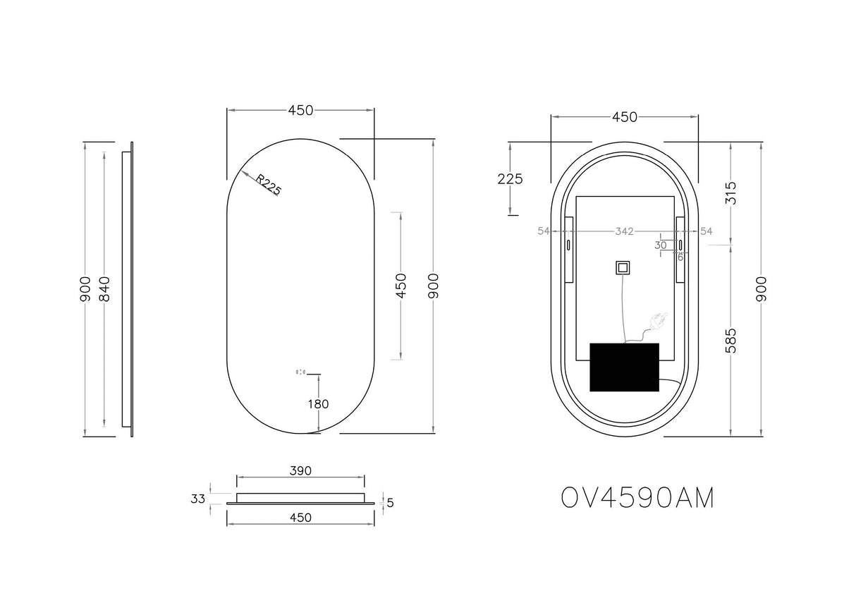 Olivia Oval Frameless Anti-Fog Backlit Bathroom LED Mirror 450x900mm