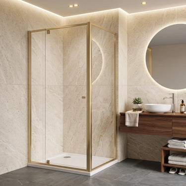Brushed Gold Semi Frameless Corner Shower Screen 900/950/1000/1050/1100/1150/1200mm | 6mm Glass Pivot Door with Return Panel