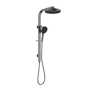 Ikon Sulu II Gun Metal twin shower rail set with 265mm round overhead and multi-function hand shower with stepless switching