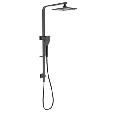 Eden Matte Black twin shower rail set with 200mm x 200mm square overhead and three-function hand shower
