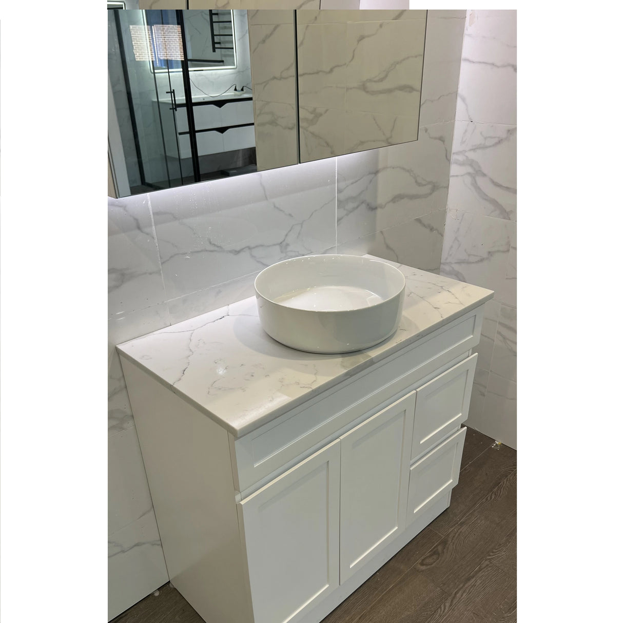 Hampton Shaker 900mm Matte White PVC Waterproof Vanity Carrara Marble Stone