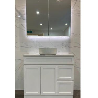 Hampton Shaker 900mm Matte White PVC Waterproof Freestanding Vanity Carrara Marble Stone