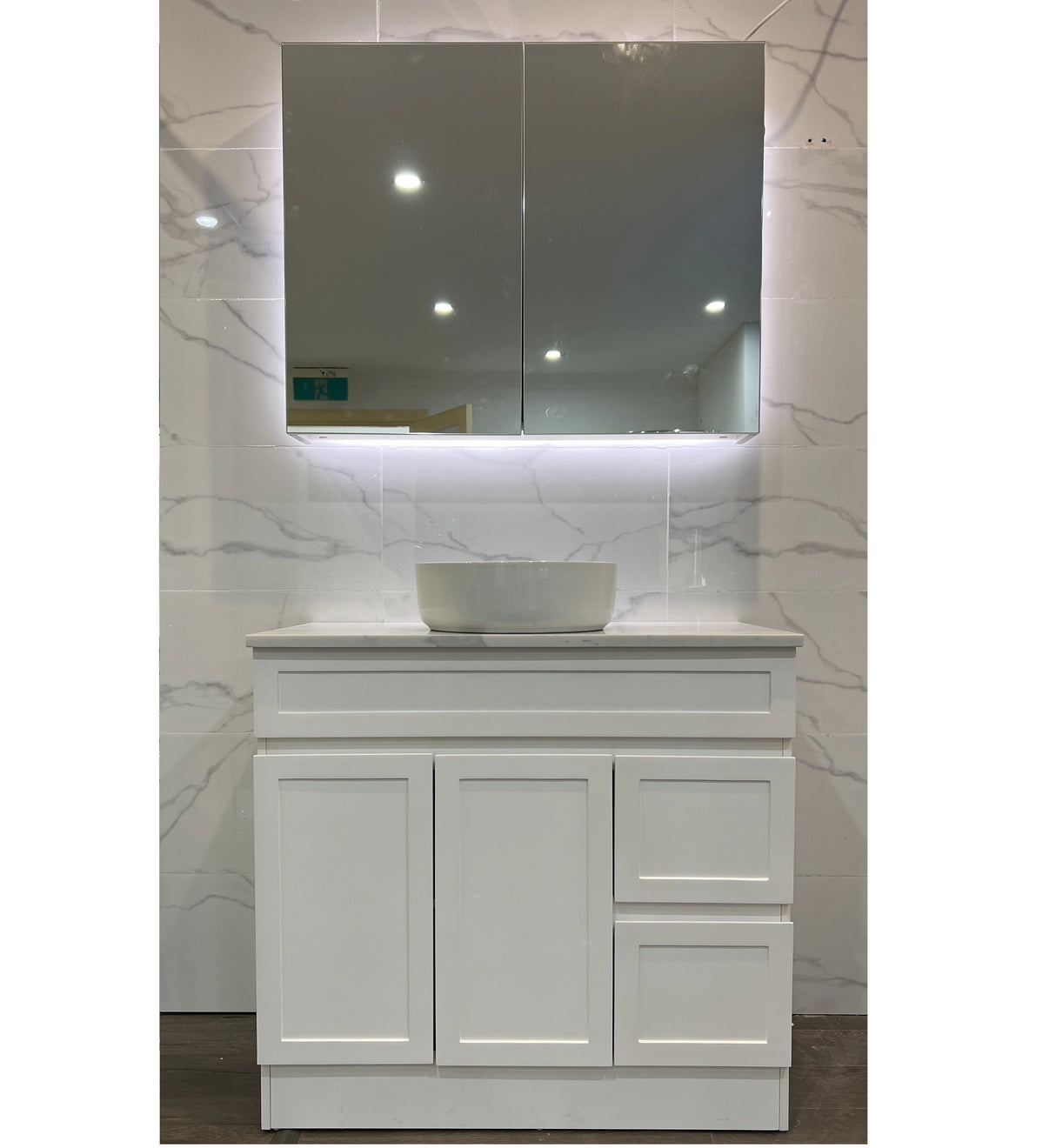 Hampton Shaker 900mm Matte White PVC Waterproof Vanity Carrara Marble Stone